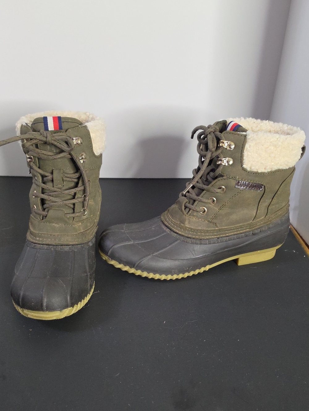 Tommy Hilfiger Olive Green and Black Sherpa-Lined Duck Boots